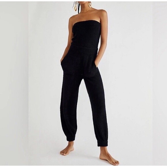 Free People Beach Claire One Piece Medium Navy Blue Marin Strapless Jumpsuit NWT - Picture 4 of 13
